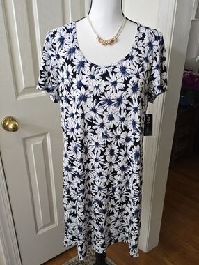 RN STUDIO BRAND WOMEN'S PETITE NAVY BLUE & WHITE FLORAL SUMMER DRESS SIZE PXL